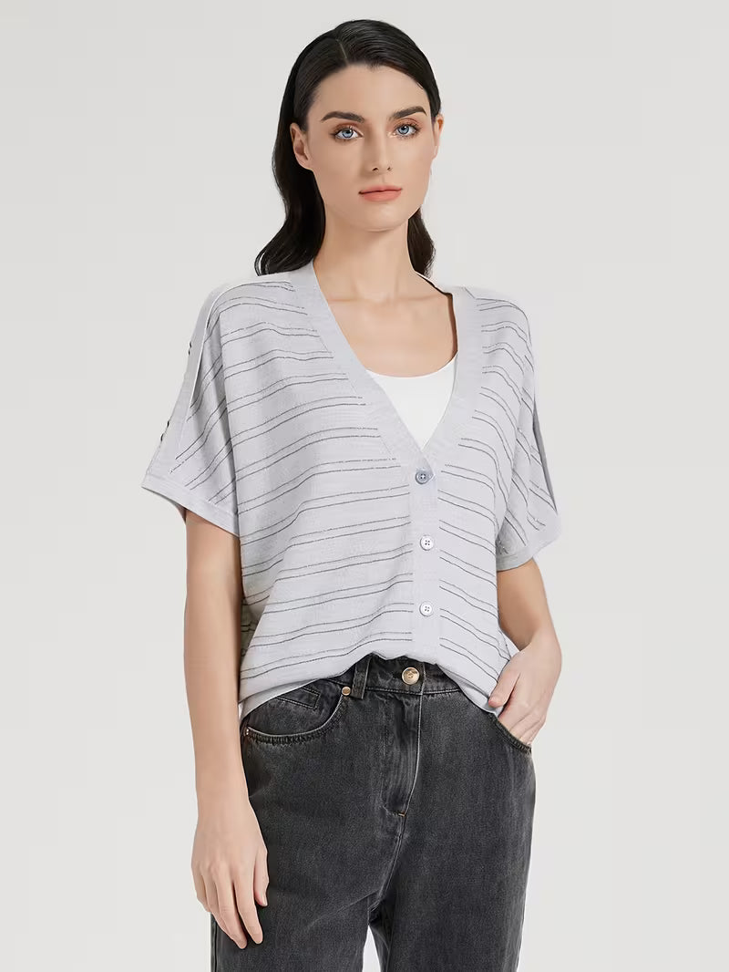 Elegant Women's Spring Summer Wool Short Sleeve Cardigan V-Neck Batwing Sleeve Striped Pattern Button Front Detail Premium Soft Breathable Fabric Versatile Top for Layering & Summer Casual Looks