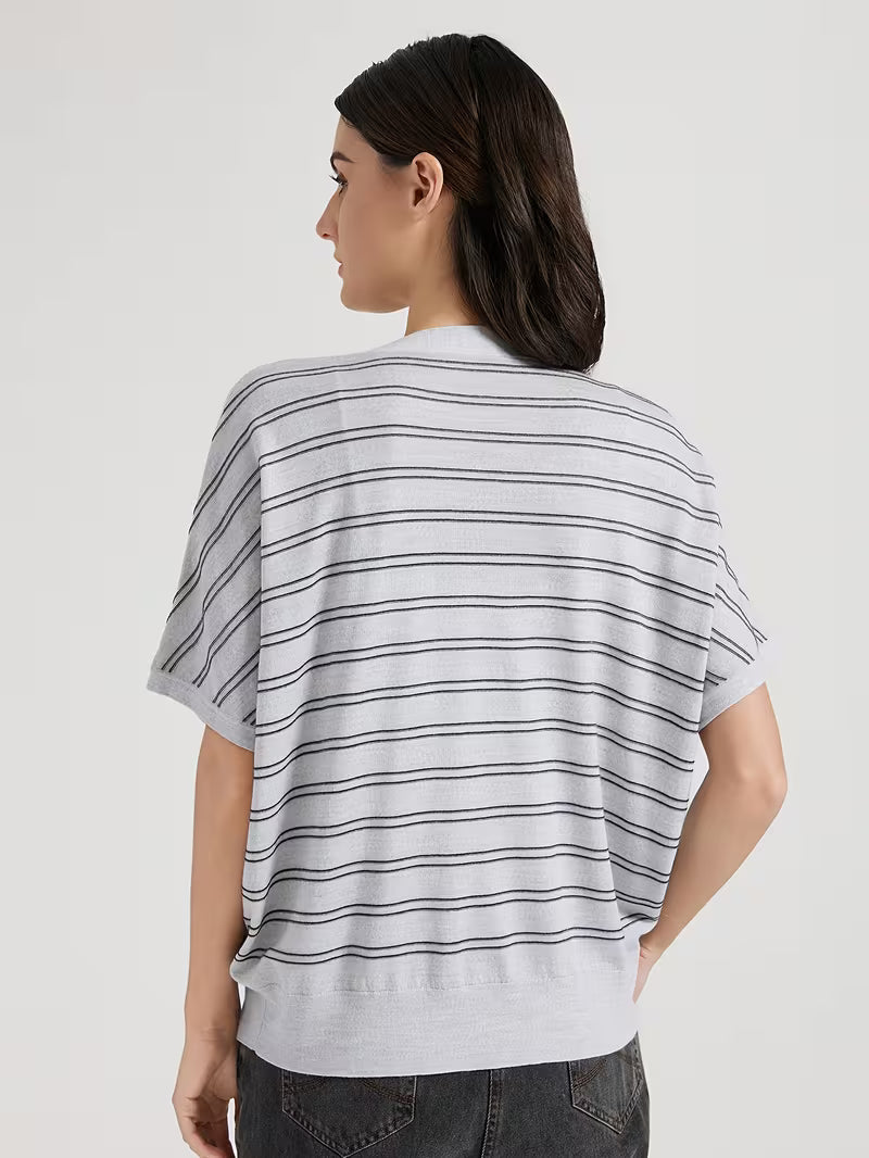 Elegant Women's Spring Summer Wool Short Sleeve Cardigan V-Neck Batwing Sleeve Striped Pattern Button Front Detail Premium Soft Breathable Fabric Versatile Top for Layering & Summer Casual Looks