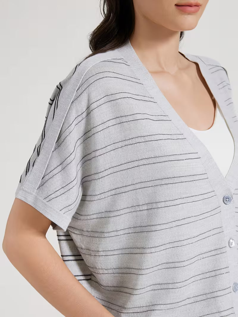 Elegant Women's Spring Summer Wool Short Sleeve Cardigan V-Neck Batwing Sleeve Striped Pattern Button Front Detail Premium Soft Breathable Fabric Versatile Top for Layering & Summer Casual Looks