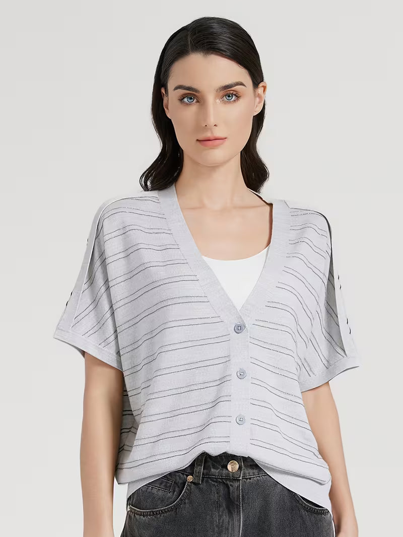 Elegant Women's Spring Summer Wool Short Sleeve Cardigan V-Neck Batwing Sleeve Striped Pattern Button Front Detail Premium Soft Breathable Fabric Versatile Top for Layering & Summer Casual Looks