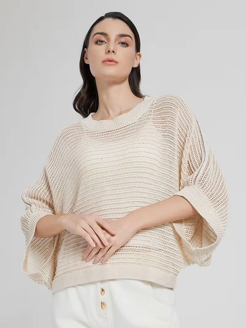 Sparkle Casual Women's 100% Linen Oversized Open Top Round Neck Batwing Sleeve Loose Fit Hollow Out Sequin Detail Lightweight Breathable Fabric Ideal for Weekend Brunch & Vacation Looks