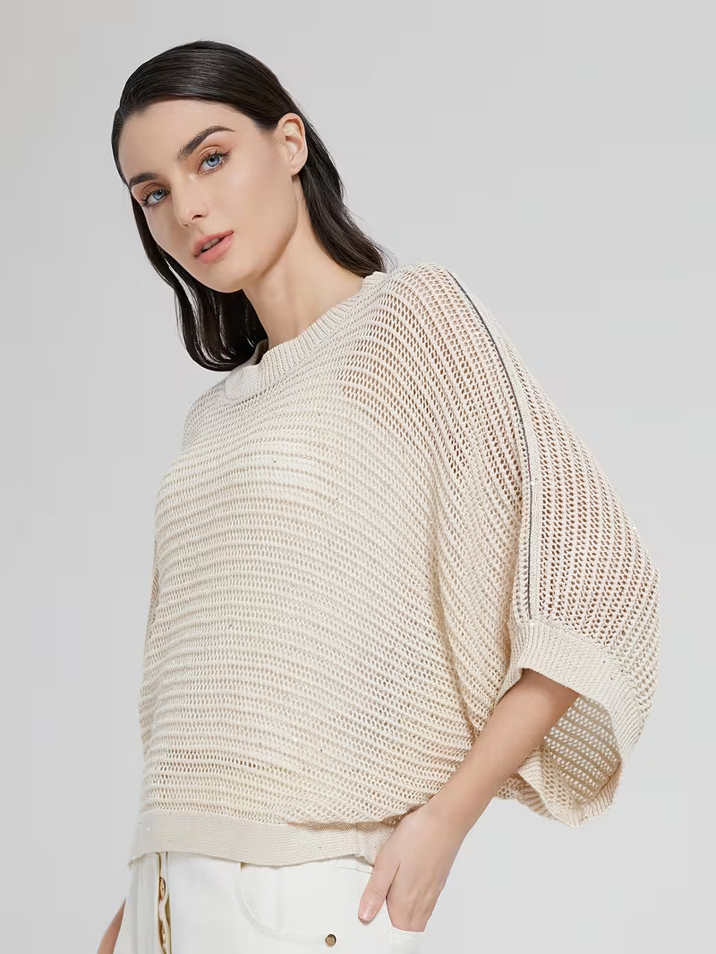 Sparkle Casual Women's 100% Linen Oversized Open Top Round Neck Batwing Sleeve Loose Fit Hollow Out Sequin Detail Lightweight Breathable Fabric Ideal for Weekend Brunch & Vacation Looks
