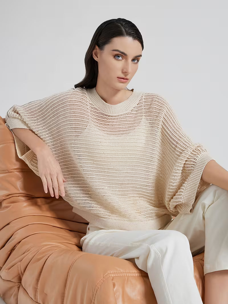 Sparkle Casual Women's 100% Linen Oversized Open Top Round Neck Batwing Sleeve Loose Fit Hollow Out Sequin Detail Lightweight Breathable Fabric Ideal for Weekend Brunch & Vacation Looks