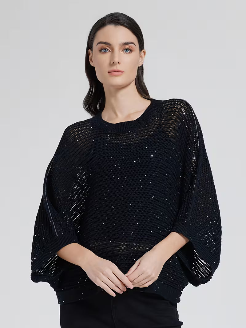 Sparkle Casual Women's 100% Linen Oversized Open Top Round Neck Batwing Sleeve Loose Fit Hollow Out Sequin Detail Lightweight Breathable Fabric Ideal for Weekend Brunch & Vacation Looks