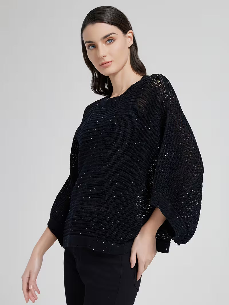 Sparkle Casual Women's 100% Linen Oversized Open Top Round Neck Batwing Sleeve Loose Fit Hollow Out Sequin Detail Lightweight Breathable Fabric Ideal for Weekend Brunch & Vacation Looks