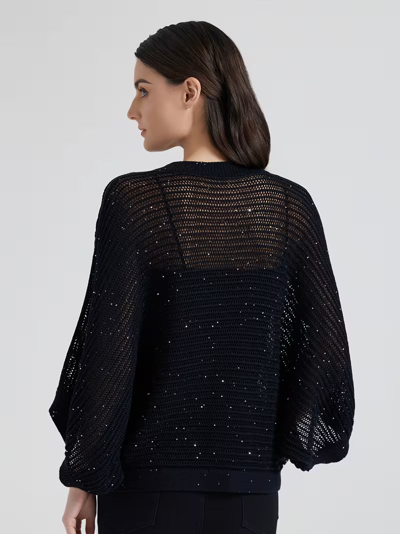 Sparkle Casual Women's 100% Linen Oversized Open Top Round Neck Batwing Sleeve Loose Fit Hollow Out Sequin Detail Lightweight Breathable Fabric Ideal for Weekend Brunch & Vacation Looks