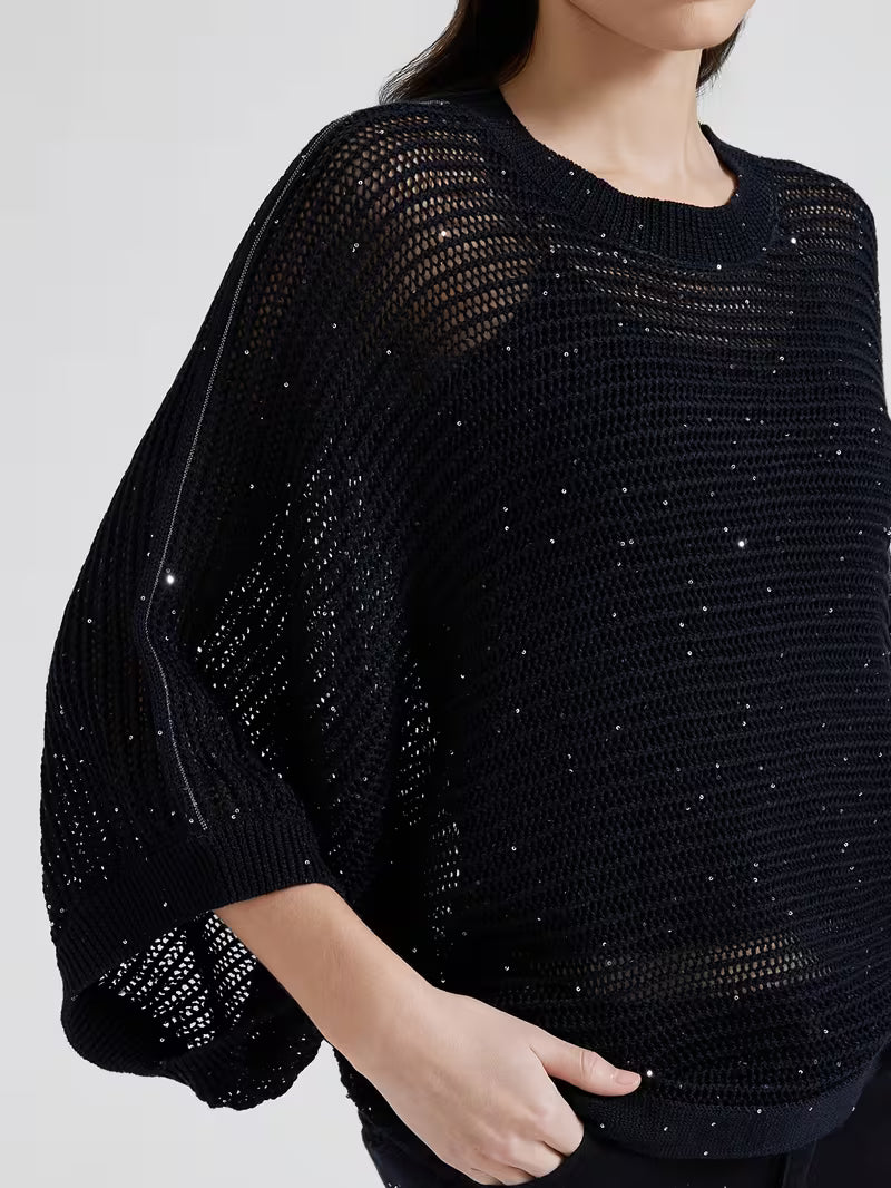 Sparkle Casual Women's 100% Linen Oversized Open Top Round Neck Batwing Sleeve Loose Fit Hollow Out Sequin Detail Lightweight Breathable Fabric Ideal for Weekend Brunch & Vacation Looks
