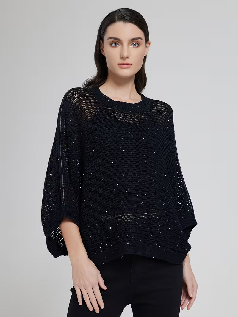 Sparkle Casual Women's 100% Linen Oversized Open Top Round Neck Batwing Sleeve Loose Fit Hollow Out Sequin Detail Lightweight Breathable Fabric Ideal for Weekend Brunch & Vacation Looks