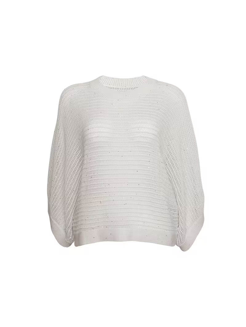 Sparkle Casual Women's 100% Linen Oversized Open Top Round Neck Batwing Sleeve Loose Fit Hollow Out Sequin Detail Lightweight Breathable Fabric Ideal for Weekend Brunch & Vacation Looks