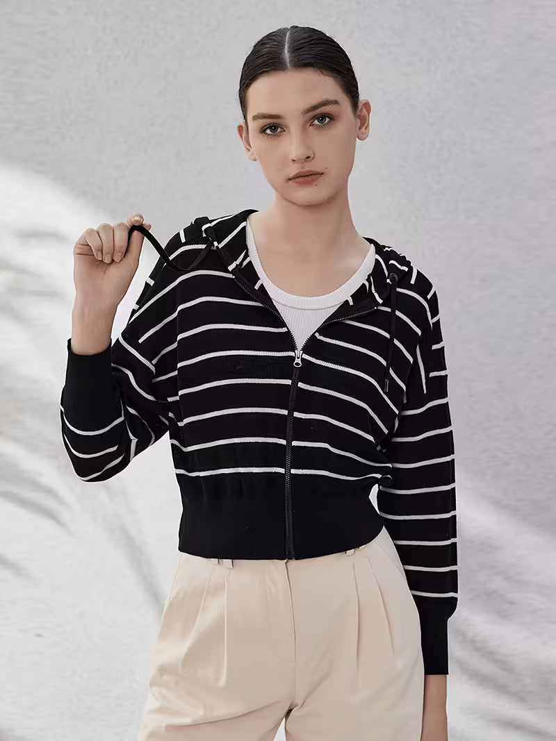 Spring Autumn Luxury Womens Clothing Ladies Clothes Stripe Hooded Cardigan Linen Sweaters Hoodie