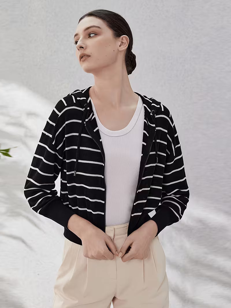 Spring Autumn Luxury Womens Clothing Ladies Clothes Stripe Hooded Cardigan Linen Sweaters Hoodie