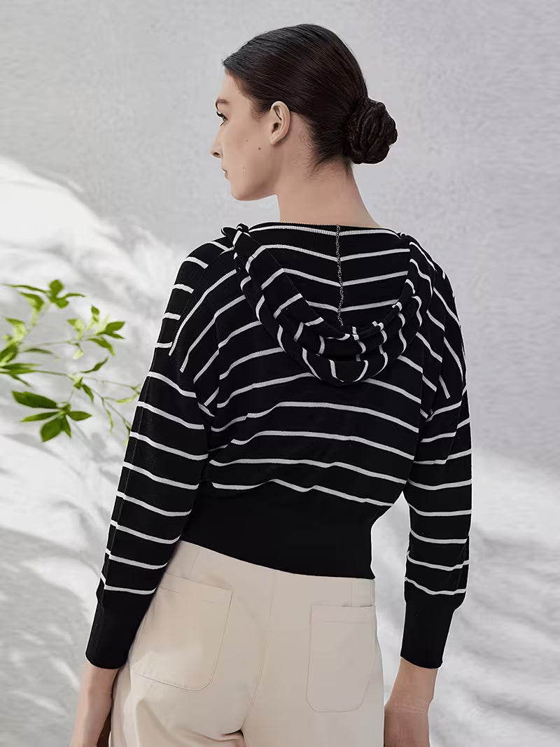 Spring Autumn Luxury Womens Clothing Ladies Clothes Stripe Hooded Cardigan Linen Sweaters Hoodie