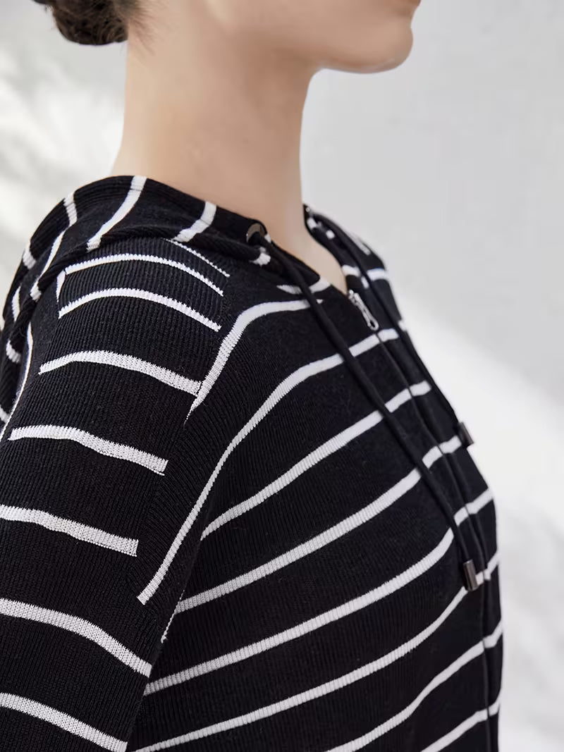Spring Autumn Luxury Womens Clothing Ladies Clothes Stripe Hooded Cardigan Linen Sweaters Hoodie