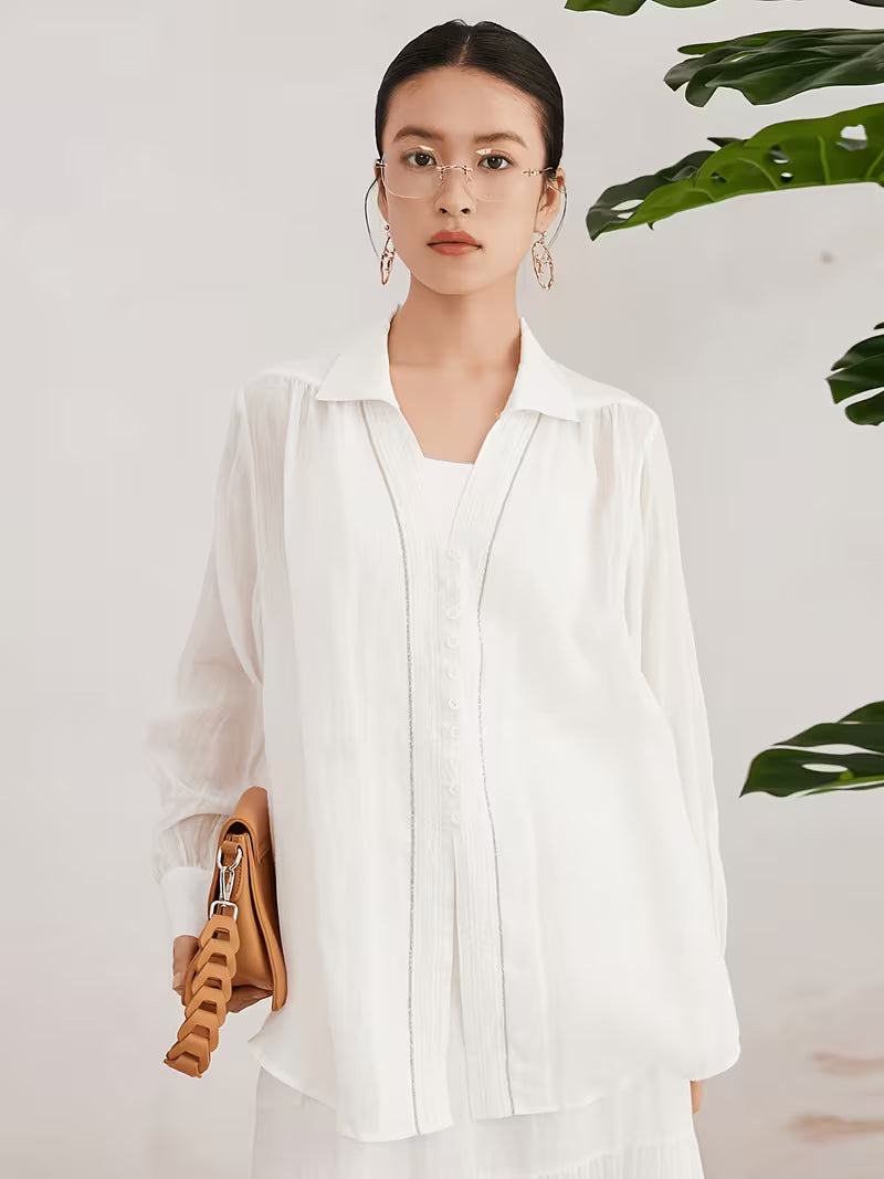 Women'S 100% Ramie Long Sleeve Shirt, Casual Blouse with Oversized Relaxed Fit And Notch Collar, Soft And Breathable Fabric Ideal for Daily Wear in Spring And Summer