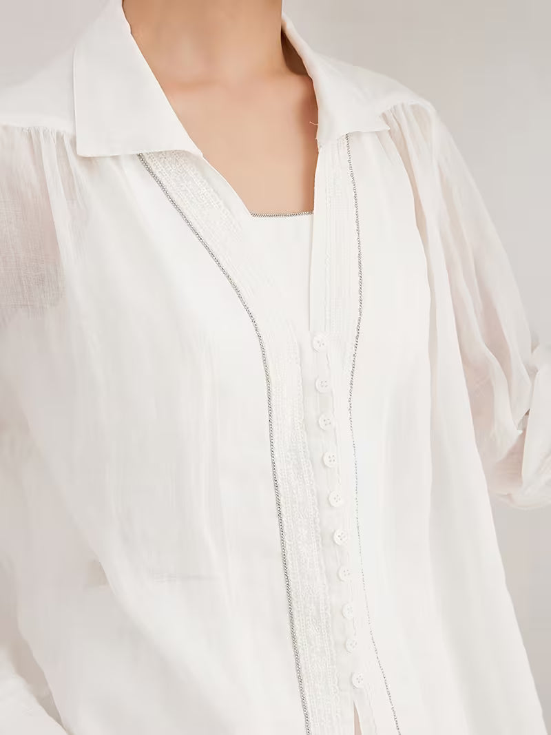 Women'S 100% Ramie Long Sleeve Shirt, Casual Blouse with Oversized Relaxed Fit And Notch Collar, Soft And Breathable Fabric Ideal for Daily Wear in Spring And Summer