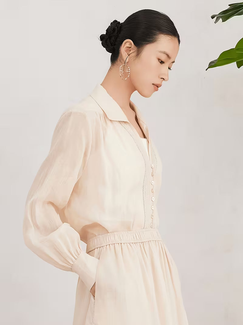 Women'S 100% Ramie Long Sleeve Shirt, Casual Blouse with Oversized Relaxed Fit And Notch Collar, Soft And Breathable Fabric Ideal for Daily Wear in Spring And Summer