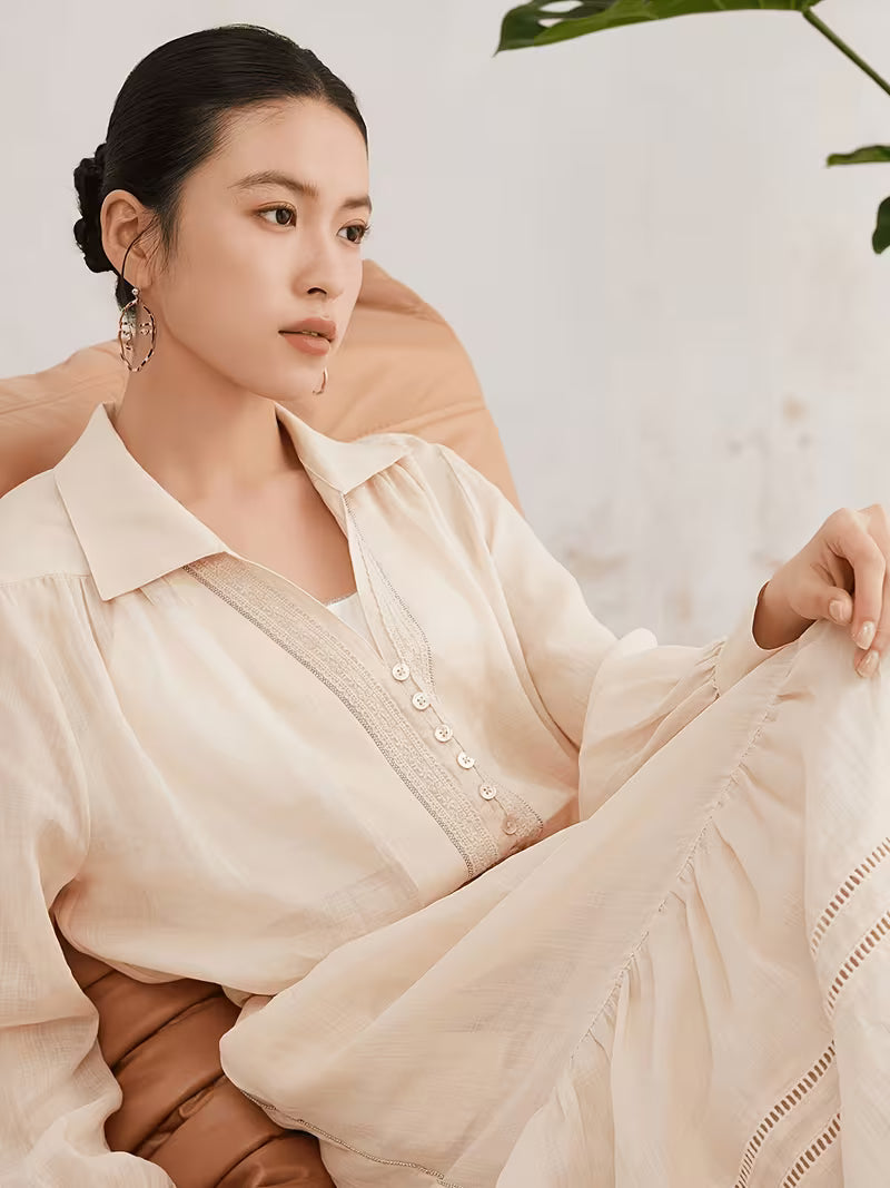 Women'S 100% Ramie Long Sleeve Shirt, Casual Blouse with Oversized Relaxed Fit And Notch Collar, Soft And Breathable Fabric Ideal for Daily Wear in Spring And Summer