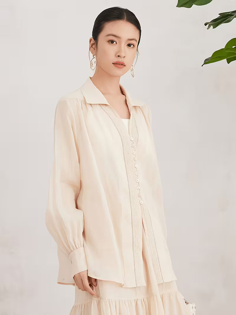 Women'S 100% Ramie Long Sleeve Shirt, Casual Blouse with Oversized Relaxed Fit And Notch Collar, Soft And Breathable Fabric Ideal for Daily Wear in Spring And Summer