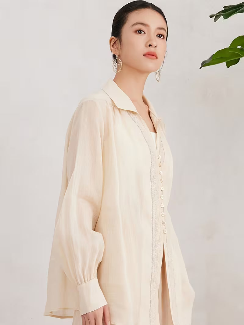 Women'S 100% Ramie Long Sleeve Shirt, Casual Blouse with Oversized Relaxed Fit And Notch Collar, Soft And Breathable Fabric Ideal for Daily Wear in Spring And Summer