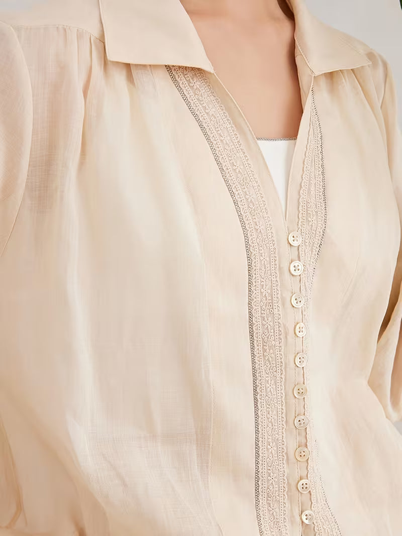Women'S 100% Ramie Long Sleeve Shirt, Casual Blouse with Oversized Relaxed Fit And Notch Collar, Soft And Breathable Fabric Ideal for Daily Wear in Spring And Summer