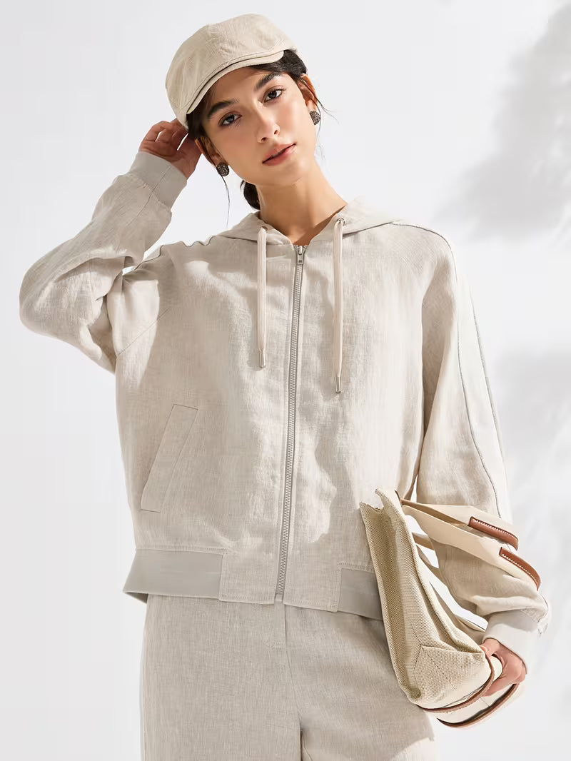 Effortless Linen Hooded Jacket For Women, 100% Linen Shell With 100% Lining, Full-Zip Relaxed Fit, Breathable Natural Fiber Outerwear For Leisure Days