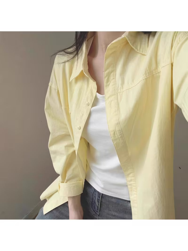 New Dopamine Cream Yellow Pure Shirt Women Summer Layered Loose Shirt Jacket Outerwear