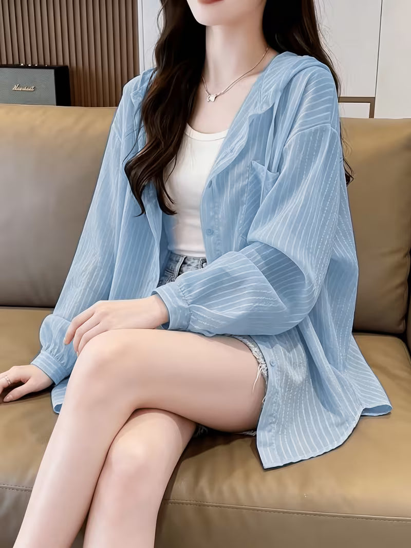 [Summer Hooded Shirt] Striped Thin Hooded Shirt for Women, New Summer Korean Style Loose Fit Versatile Outerwear Jacket