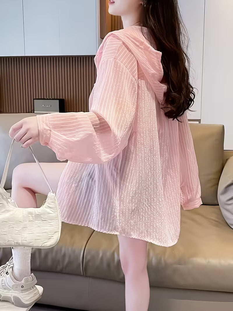 [Summer Hooded Shirt] Striped Thin Hooded Shirt for Women, New Summer Korean Style Loose Fit Versatile Outerwear Jacket