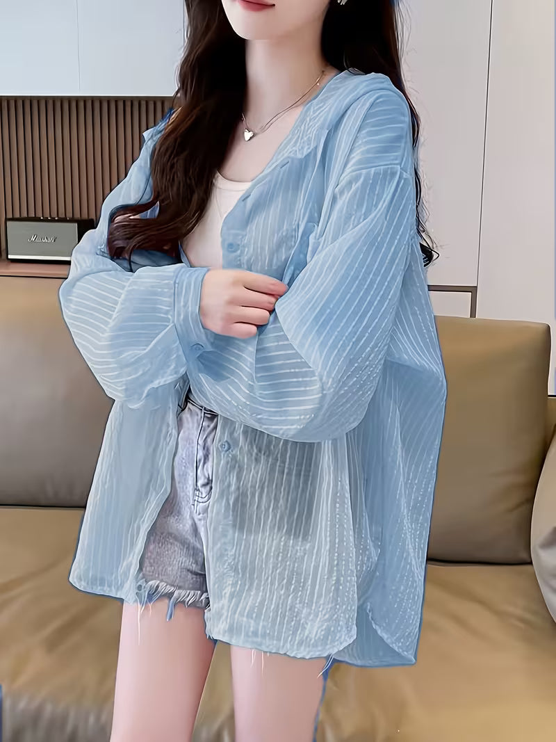 [Summer Hooded Shirt] Striped Thin Hooded Shirt for Women, New Summer Korean Style Loose Fit Versatile Outerwear Jacket