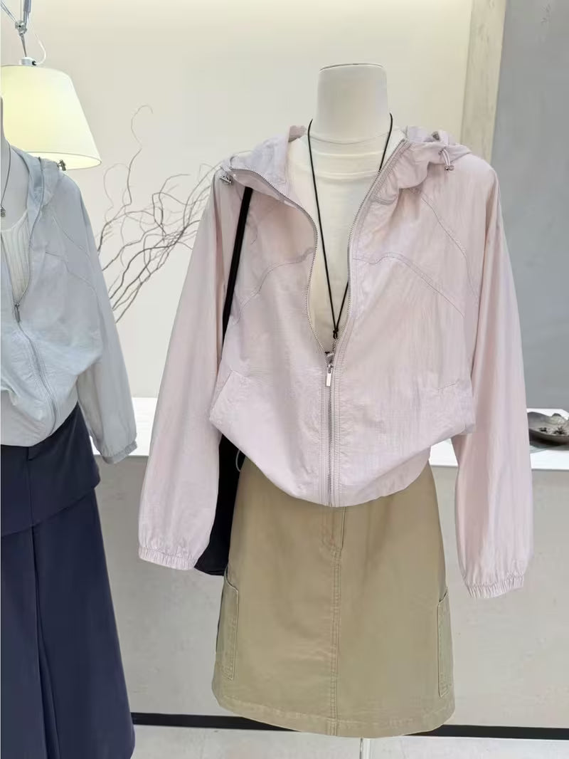 Korean Style Hooded Fashionable Casual Jacket for Summer New Style, Simple and Loose Drawstring Shirt for Women