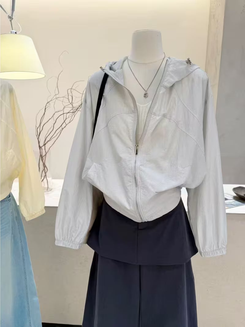 Korean Style Hooded Fashionable Casual Jacket for Summer New Style, Simple and Loose Drawstring Shirt for Women