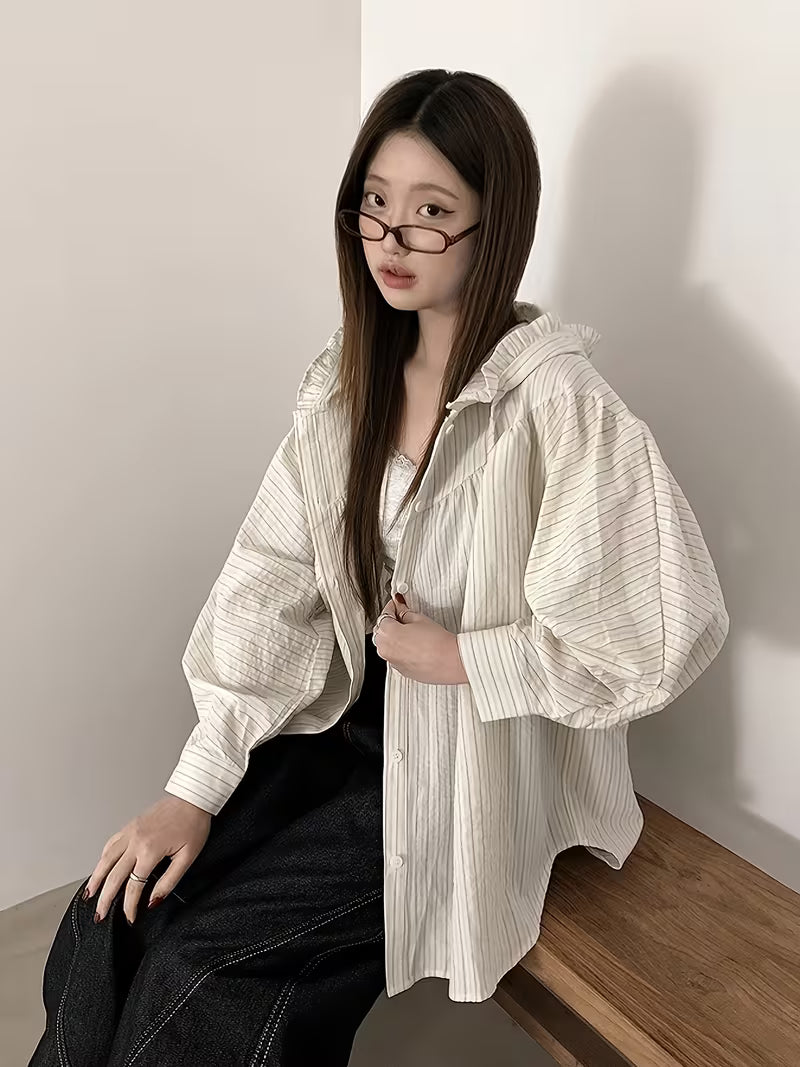 2026 Spring/Summer Korean-Style Striped Hooded Shirt for Women, Loose Fit Casual Versatile Oversized Relaxed Style Thin Top