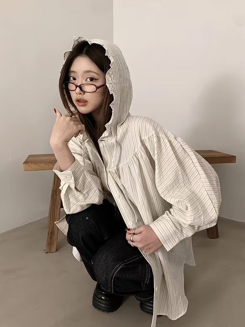 2026 Spring/Summer Korean-Style Striped Hooded Shirt for Women, Loose Fit Casual Versatile Oversized Relaxed Style Thin Top