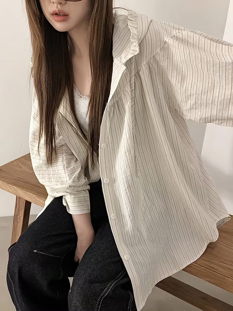 2026 Spring/Summer Korean-Style Striped Hooded Shirt for Women, Loose Fit Casual Versatile Oversized Relaxed Style Thin Top