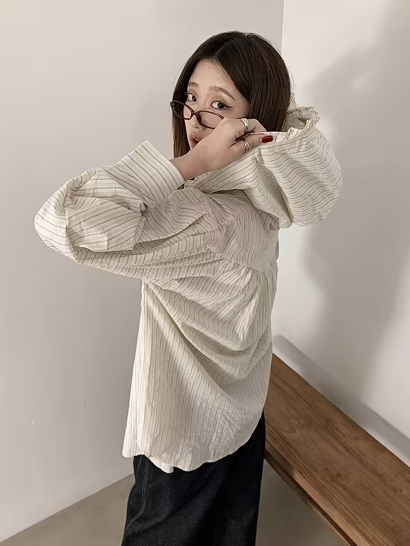 2026 Spring/Summer Korean-Style Striped Hooded Shirt for Women, Loose Fit Casual Versatile Oversized Relaxed Style Thin Top
