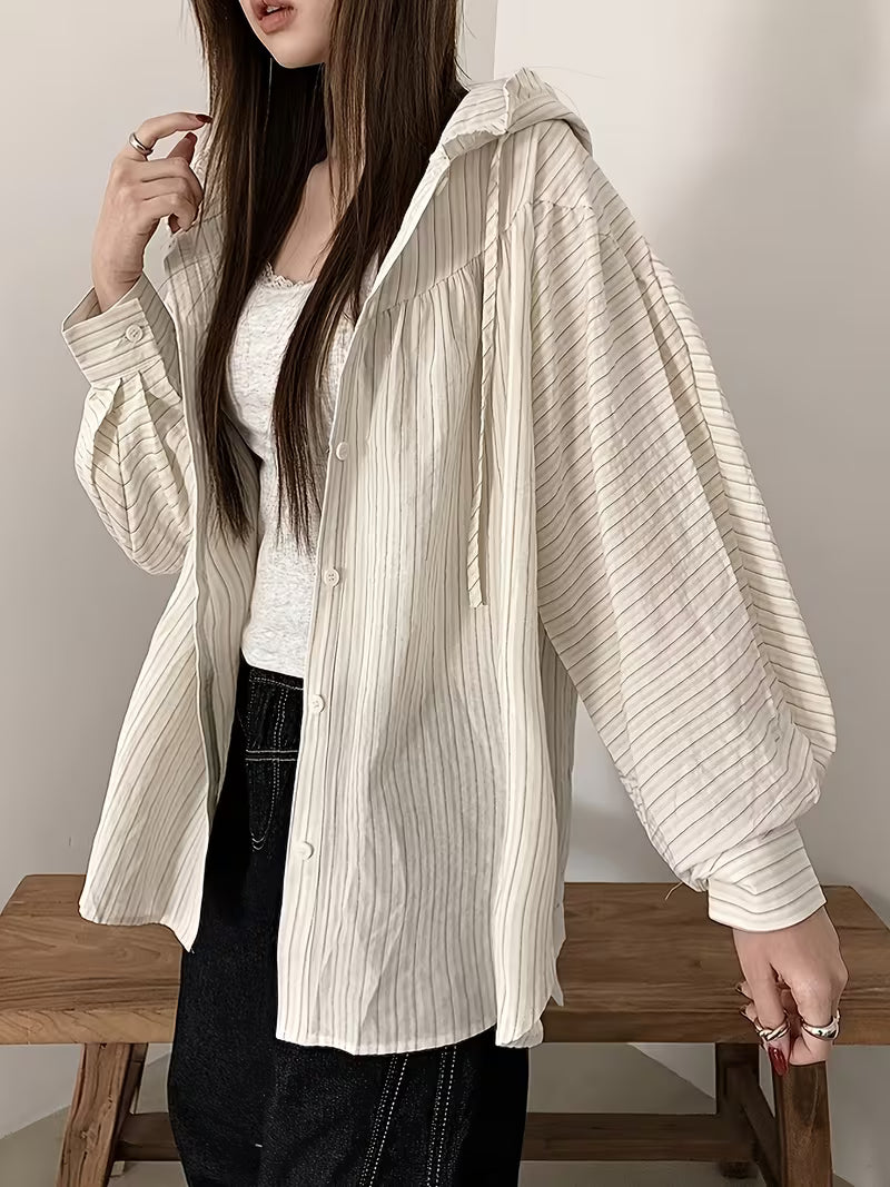 2026 Spring/Summer Korean-Style Striped Hooded Shirt for Women, Loose Fit Casual Versatile Oversized Relaxed Style Thin Top