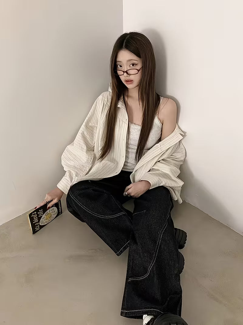 2026 Spring/Summer Korean-Style Striped Hooded Shirt for Women, Loose Fit Casual Versatile Oversized Relaxed Style Thin Top