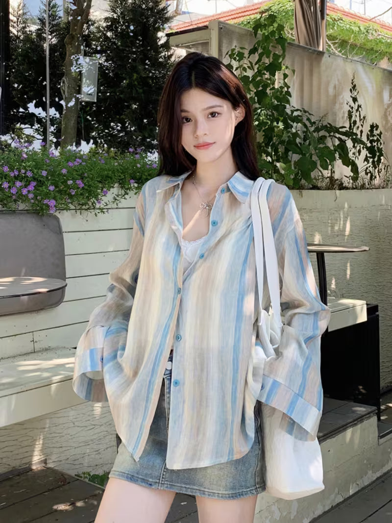 Early Spring New Tie-Dye Striped Design Unique Top Women'S Hong Kong Style Retro Polo Collar Sunscreen Women'S New Spring And Summer Loose Retro Color Block Striped Shirt Women'S Korean Chic Lapel Casual Long-Sleeved Jacket Top