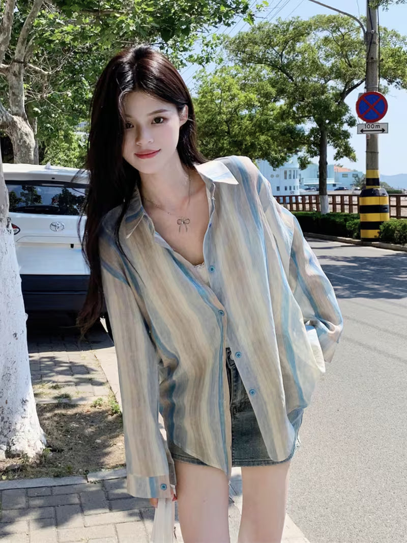 Early Spring New Tie-Dye Striped Design Unique Top Women'S Hong Kong Style Retro Polo Collar Sunscreen Women'S New Spring And Summer Loose Retro Color Block Striped Shirt Women'S Korean Chic Lapel Casual Long-Sleeved Jacket Top