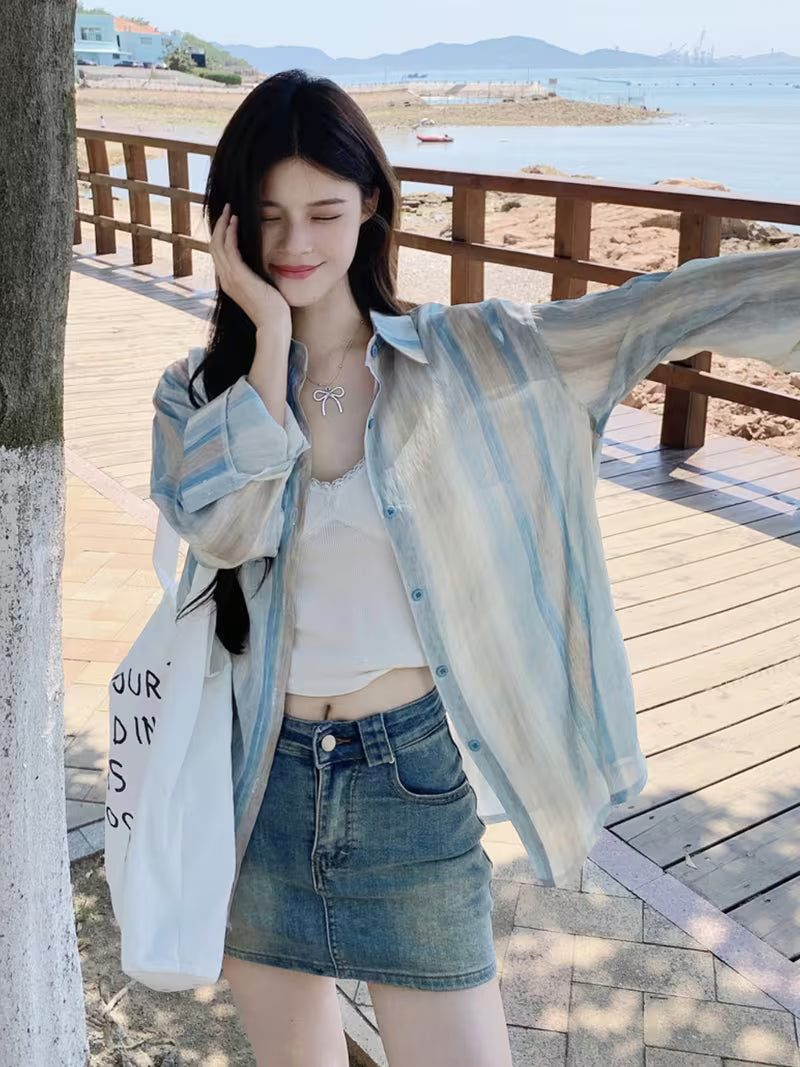 Early Spring New Tie-Dye Striped Design Unique Top Women'S Hong Kong Style Retro Polo Collar Sunscreen Women'S New Spring And Summer Loose Retro Color Block Striped Shirt Women'S Korean Chic Lapel Casual Long-Sleeved Jacket Top