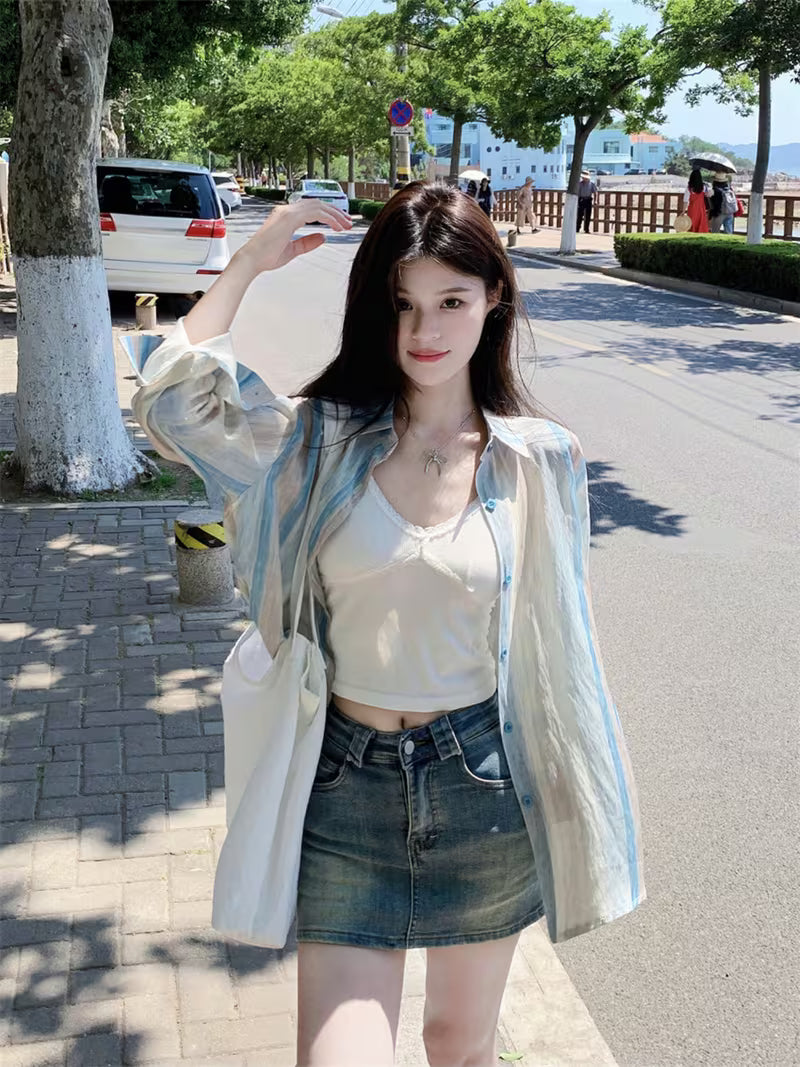 Early Spring New Tie-Dye Striped Design Unique Top Women'S Hong Kong Style Retro Polo Collar Sunscreen Women'S New Spring And Summer Loose Retro Color Block Striped Shirt Women'S Korean Chic Lapel Casual Long-Sleeved Jacket Top