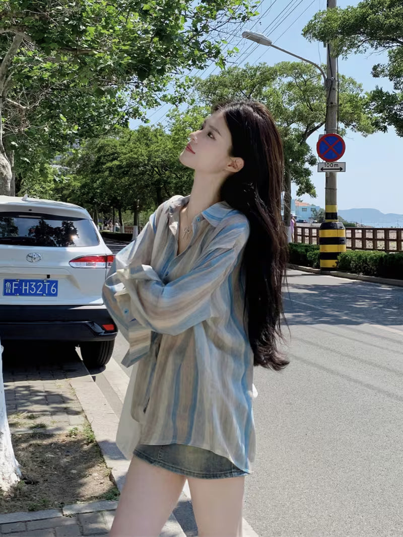 Early Spring New Tie-Dye Striped Design Unique Top Women'S Hong Kong Style Retro Polo Collar Sunscreen Women'S New Spring And Summer Loose Retro Color Block Striped Shirt Women'S Korean Chic Lapel Casual Long-Sleeved Jacket Top