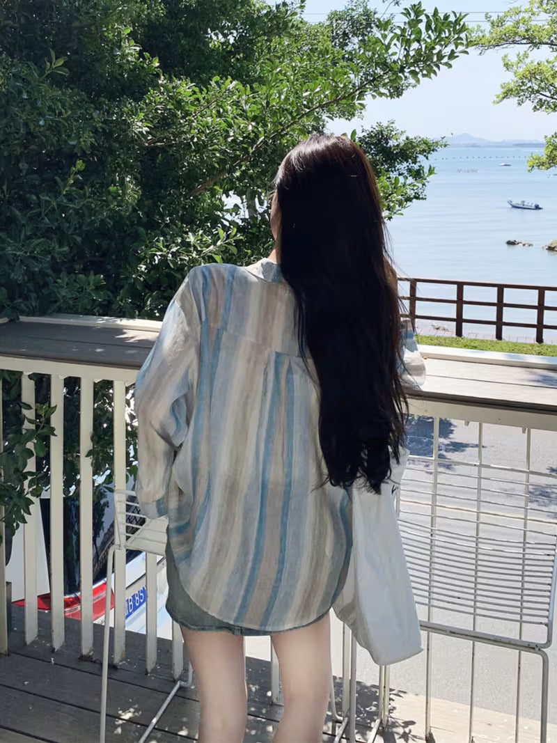 Early Spring New Tie-Dye Striped Design Unique Top Women'S Hong Kong Style Retro Polo Collar Sunscreen Women'S New Spring And Summer Loose Retro Color Block Striped Shirt Women'S Korean Chic Lapel Casual Long-Sleeved Jacket Top