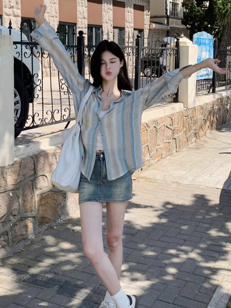 Early Spring New Tie-Dye Striped Design Unique Top Women'S Hong Kong Style Retro Polo Collar Sunscreen Women'S New Spring And Summer Loose Retro Color Block Striped Shirt Women'S Korean Chic Lapel Casual Long-Sleeved Jacket Top
