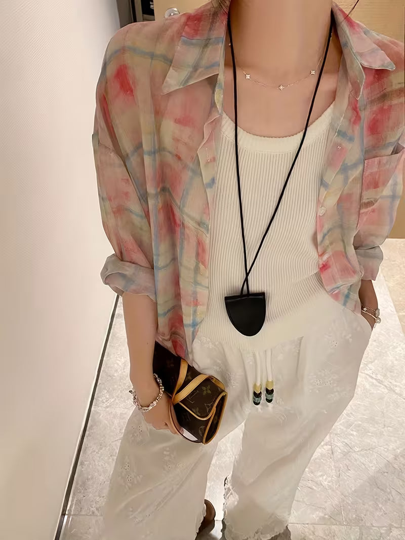 Pink Checkered Sun-protective Shirt Jacket For Women, Casual And Loose Autumn And Winter, Long-sleeved Top, Thin Tencel Shirt Cardigan