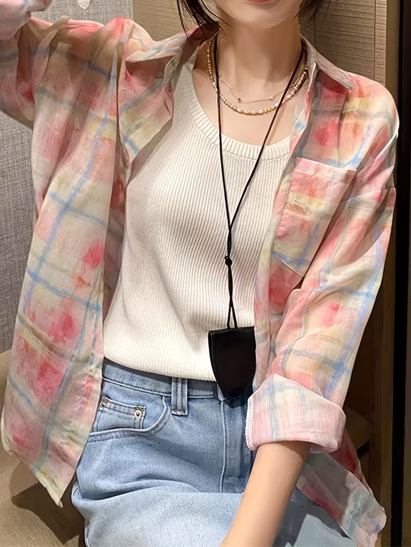Pink Checkered Sun-protective Shirt Jacket For Women, Casual And Loose Autumn And Winter, Long-sleeved Top, Thin Tencel Shirt Cardigan