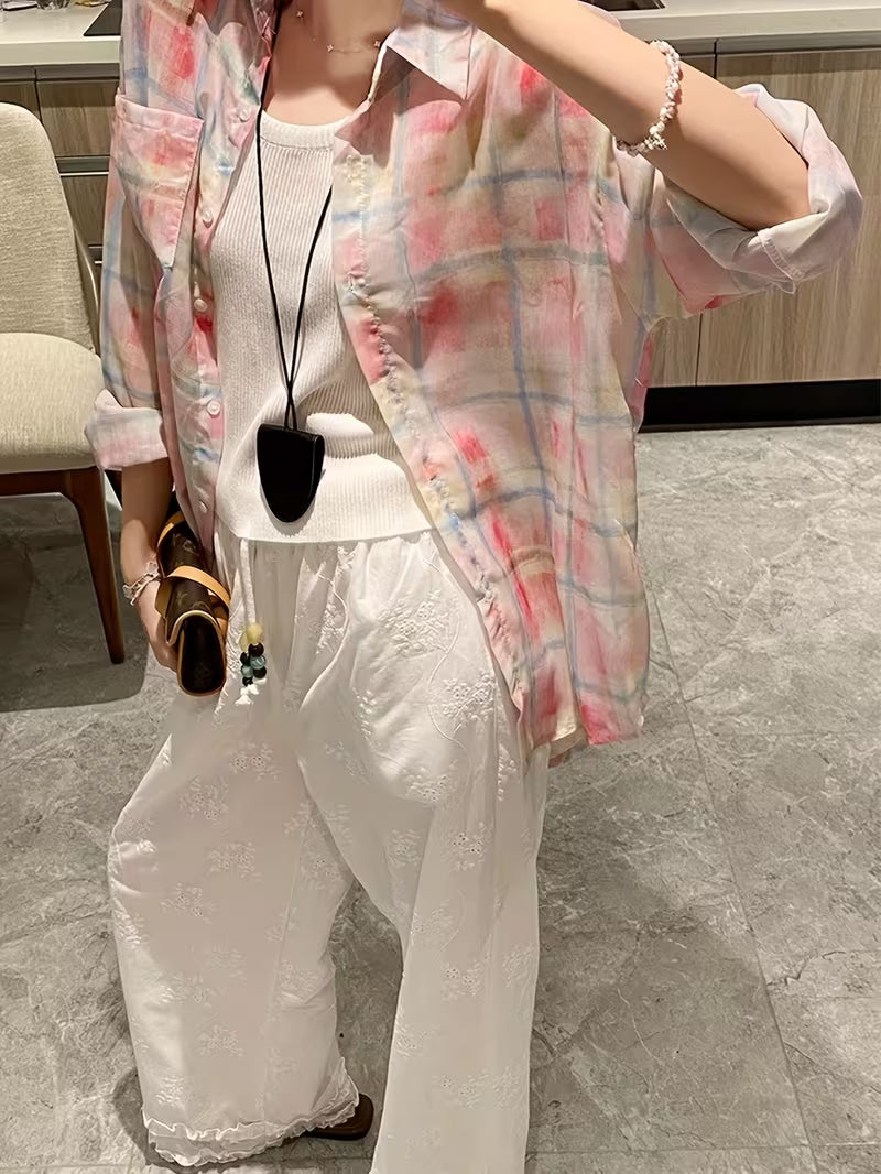Pink Checkered Sun-protective Shirt Jacket For Women, Casual And Loose Autumn And Winter, Long-sleeved Top, Thin Tencel Shirt Cardigan