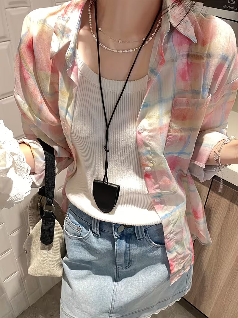 Pink Checkered Sun-protective Shirt Jacket For Women, Casual And Loose Autumn And Winter, Long-sleeved Top, Thin Tencel Shirt Cardigan