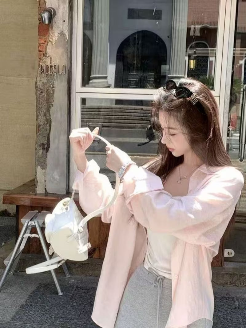 Spring/Summer New Korean Style Ins Pink Long Sleeve Lazy Loose Fit Thin Design Shirt Outerwear