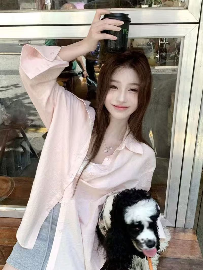 Spring/Summer New Korean Style Ins Pink Long Sleeve Lazy Loose Fit Thin Design Shirt Outerwear